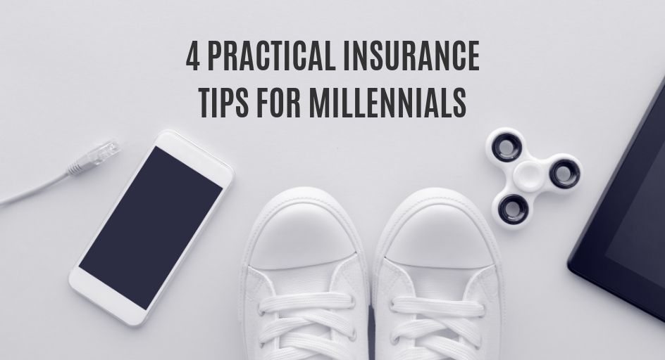 blog image of millennial accessories: smart phone, sneakers, fidget spinner. blog title: 4 practical insurance tips for millennials